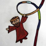 The king swings from the ribbon at the end of the Megillah.